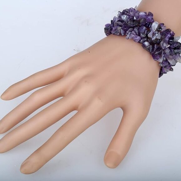 SALE - Amethyst Gemstone Beaded Stretch Bracelet - 5 Layers - Picture 3 of 5